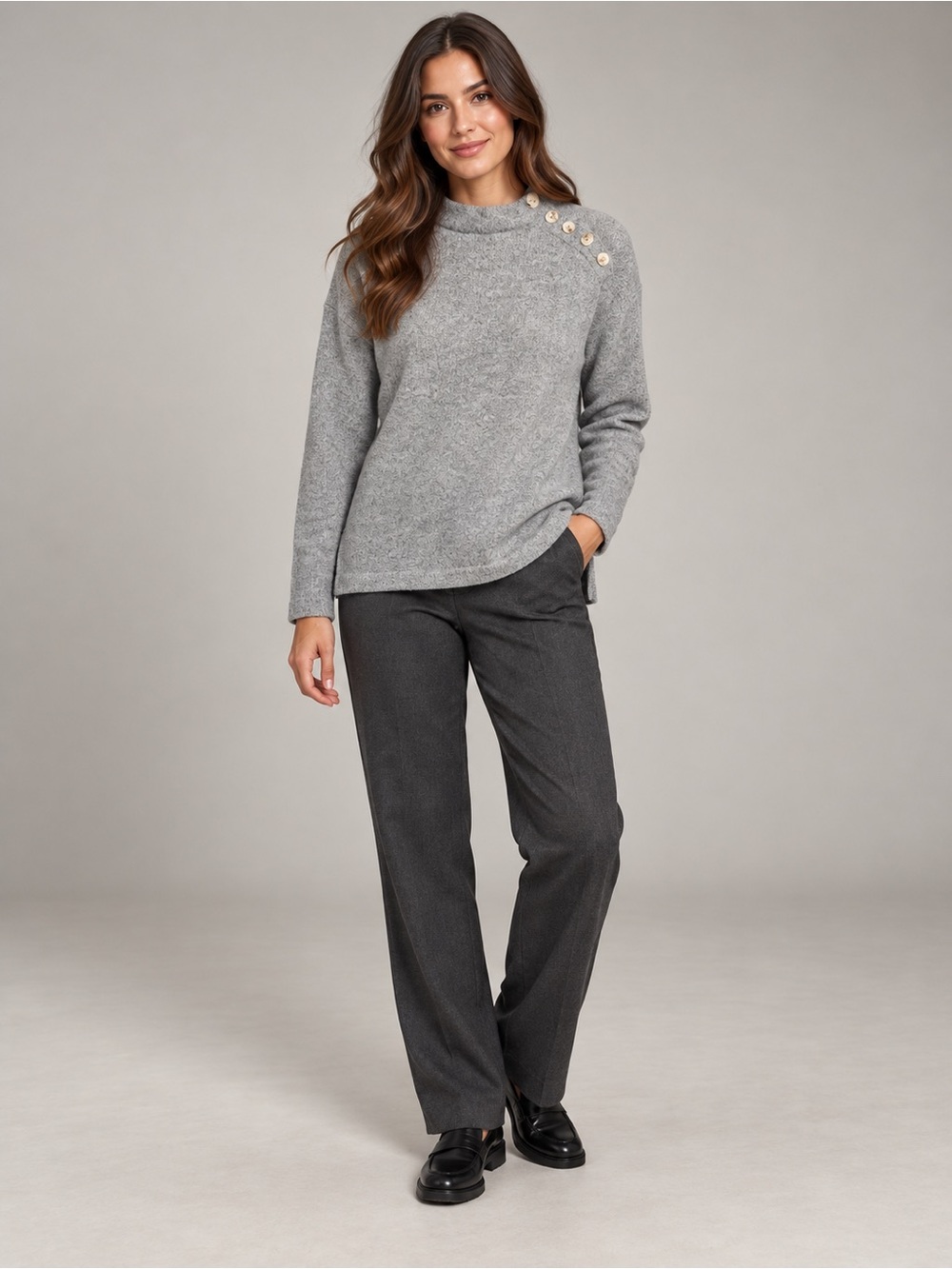 LOFT Gray Button Shoulder Mock Neck Tunic Sweater Women Medium